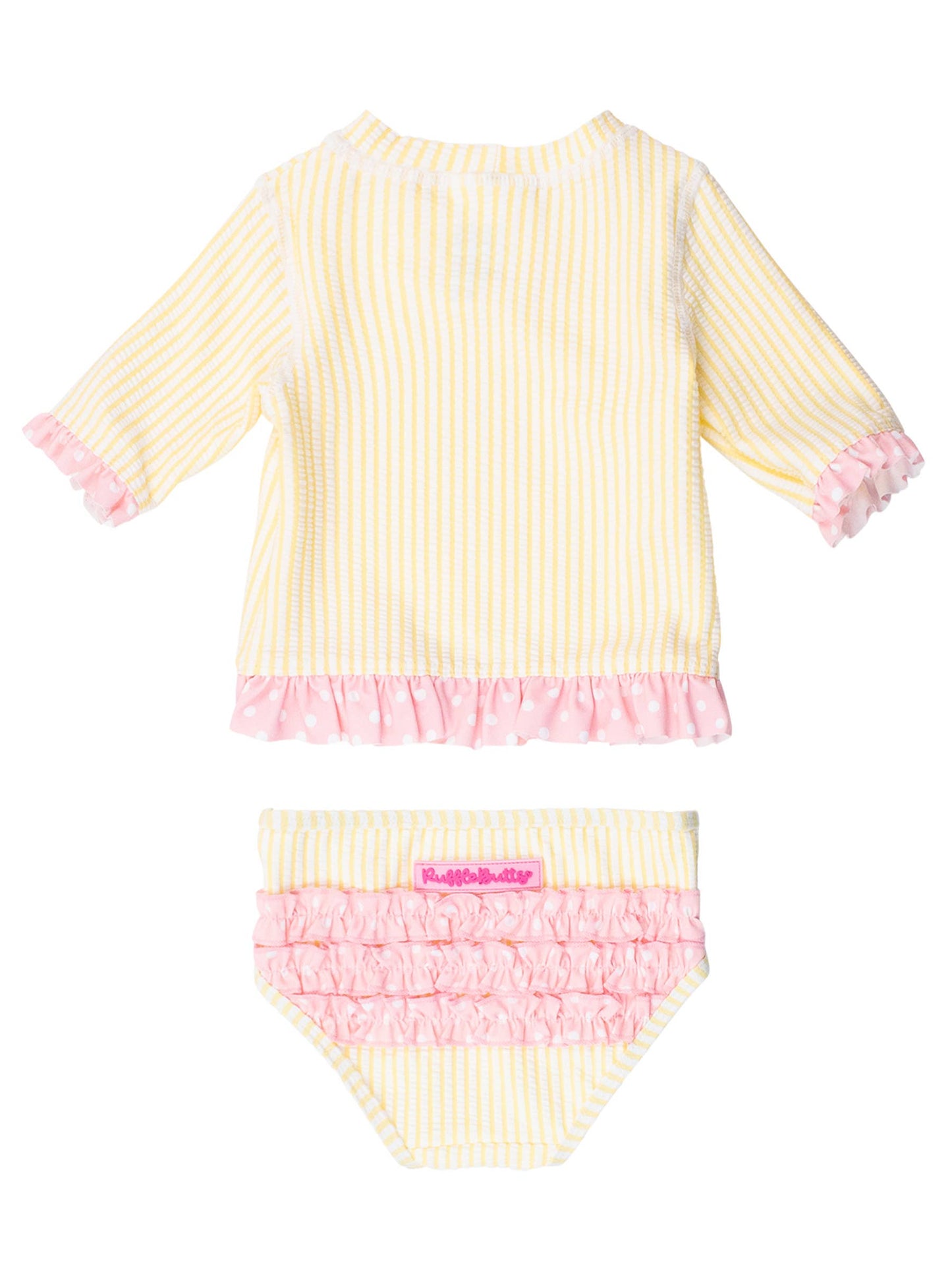 Girls Banana Seersucker Short Sleeve Ruffle Rash Guard Bikini