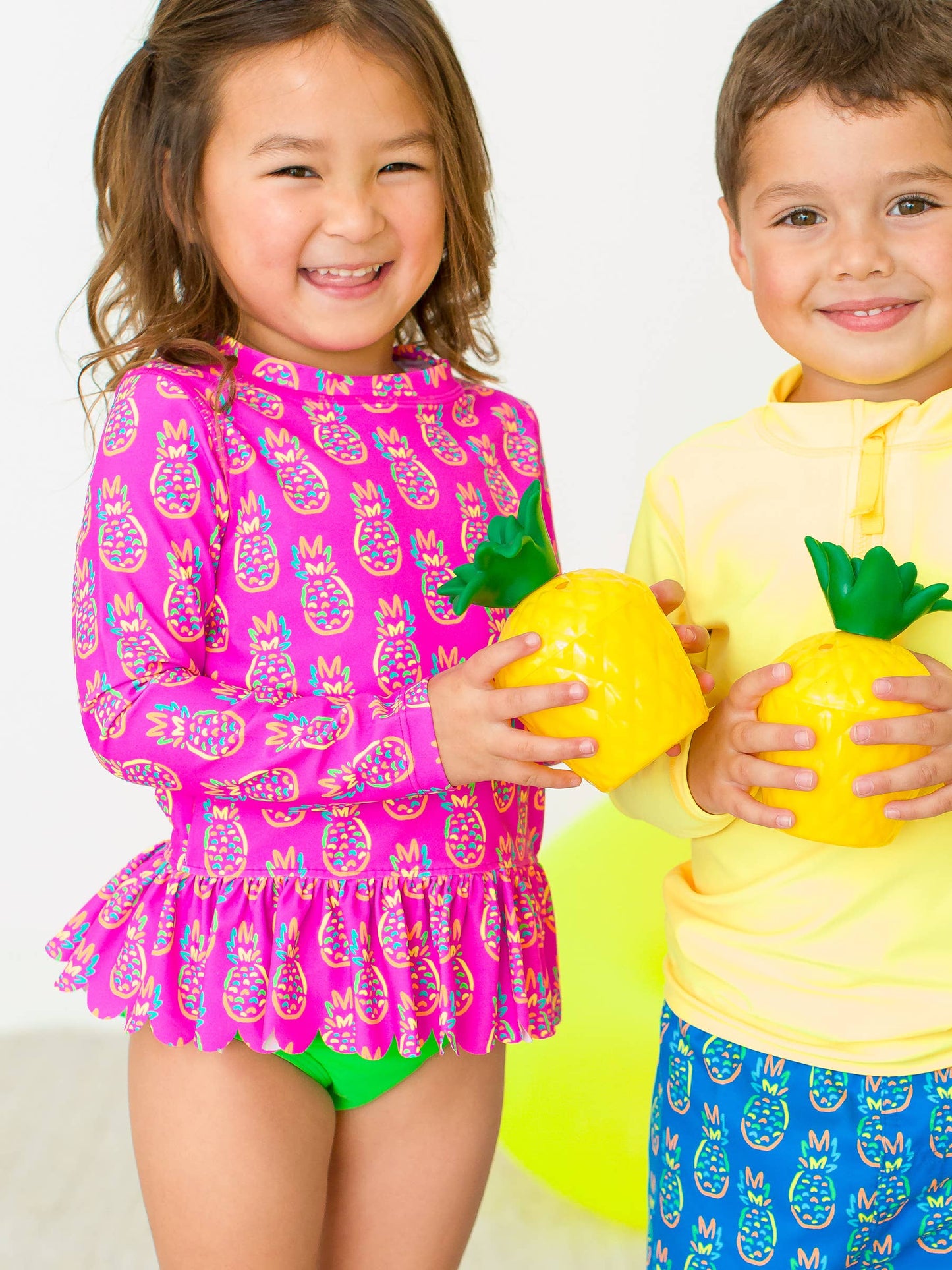 Girls Neon Violet Pineapples Scalloped Long Sleeve Rash Guard 2-Piece
