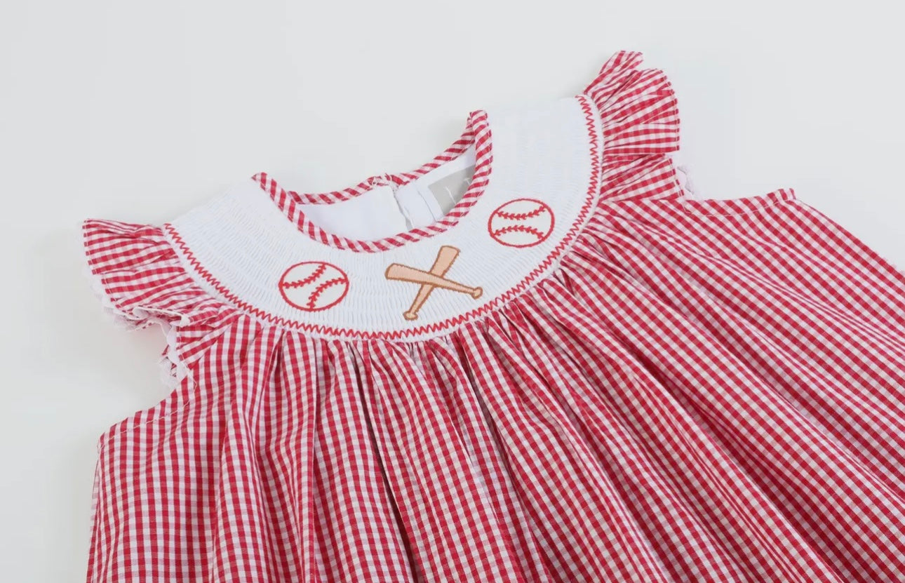 Red Gingham Baseball Smocked Bishop Dress