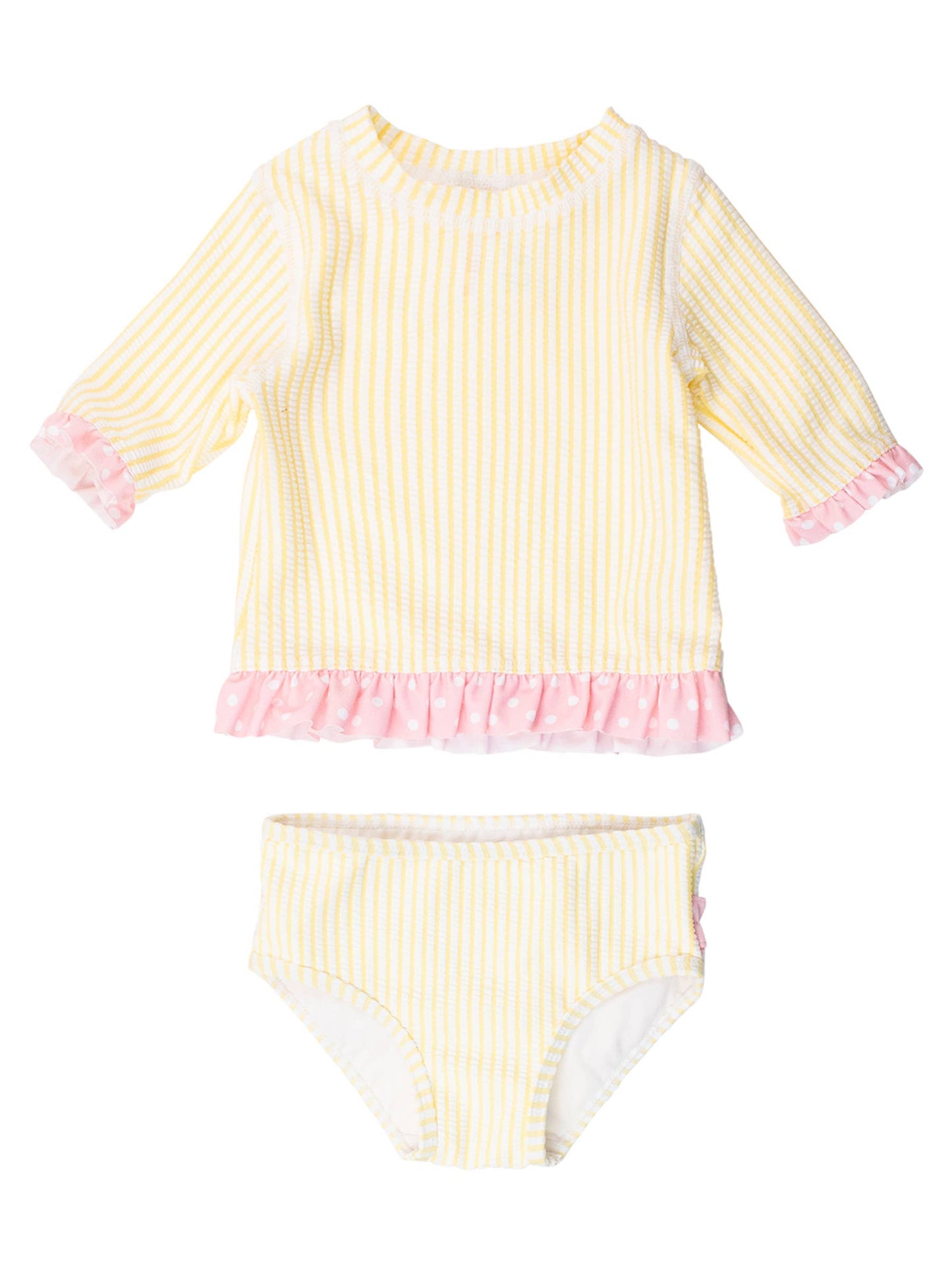 Girls Banana Seersucker Short Sleeve Ruffle Rash Guard Bikini