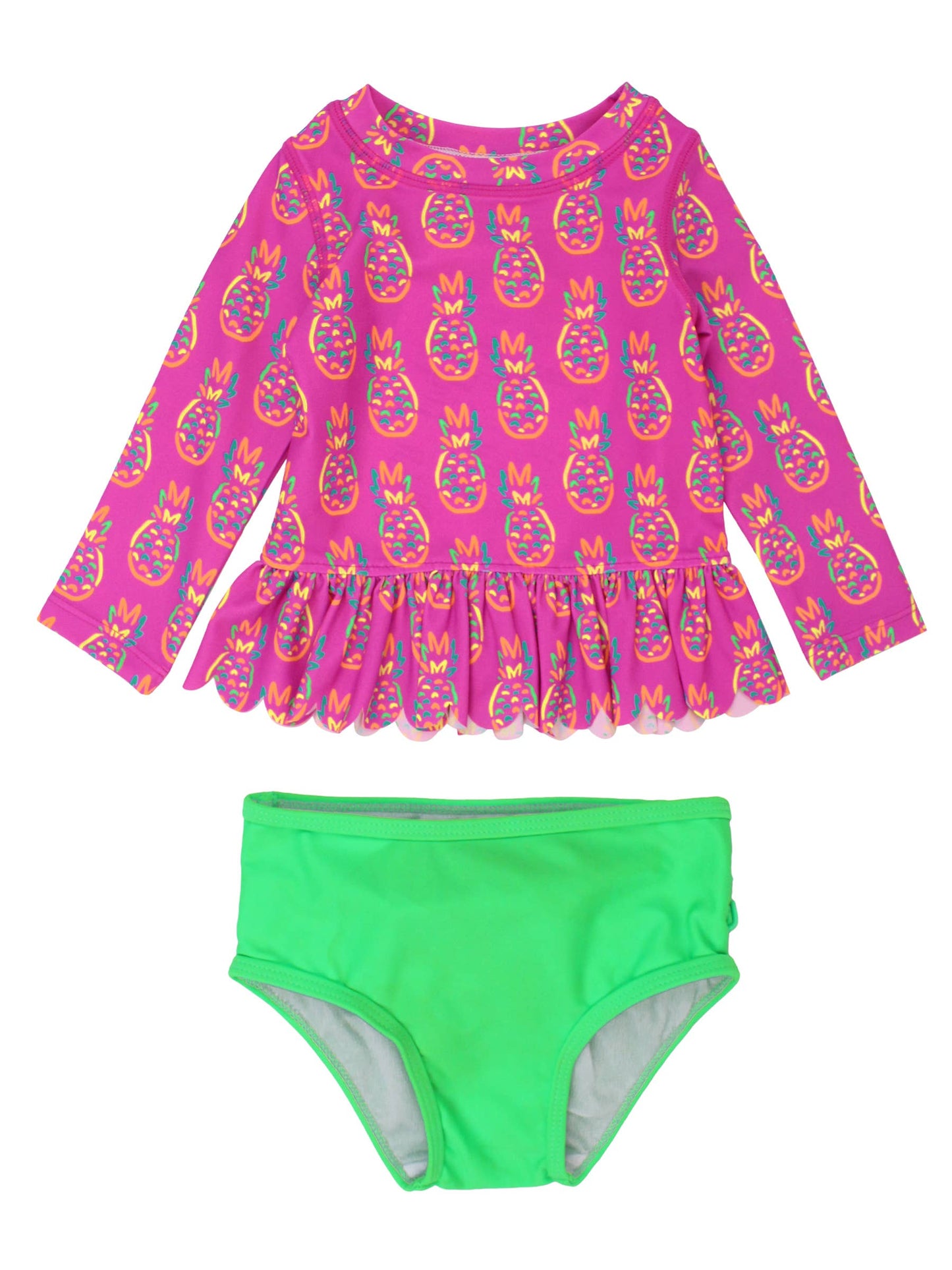 Girls Neon Violet Pineapples Scalloped Long Sleeve Rash Guard 2-Piece