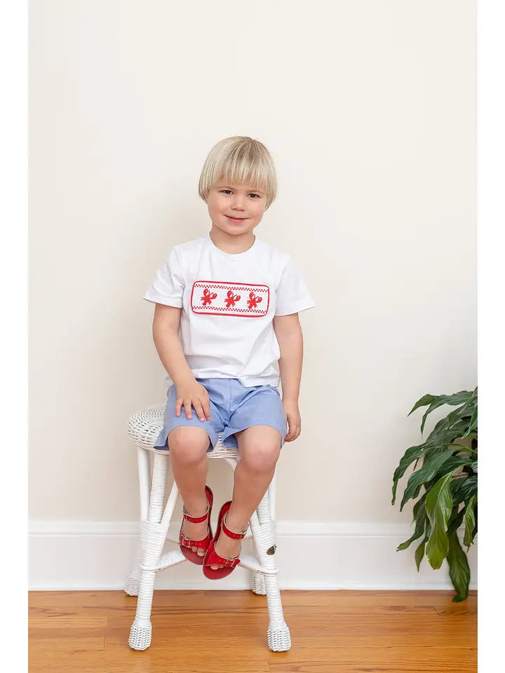 White Crawfish Smocked Tee and Denim Look Shorts Set