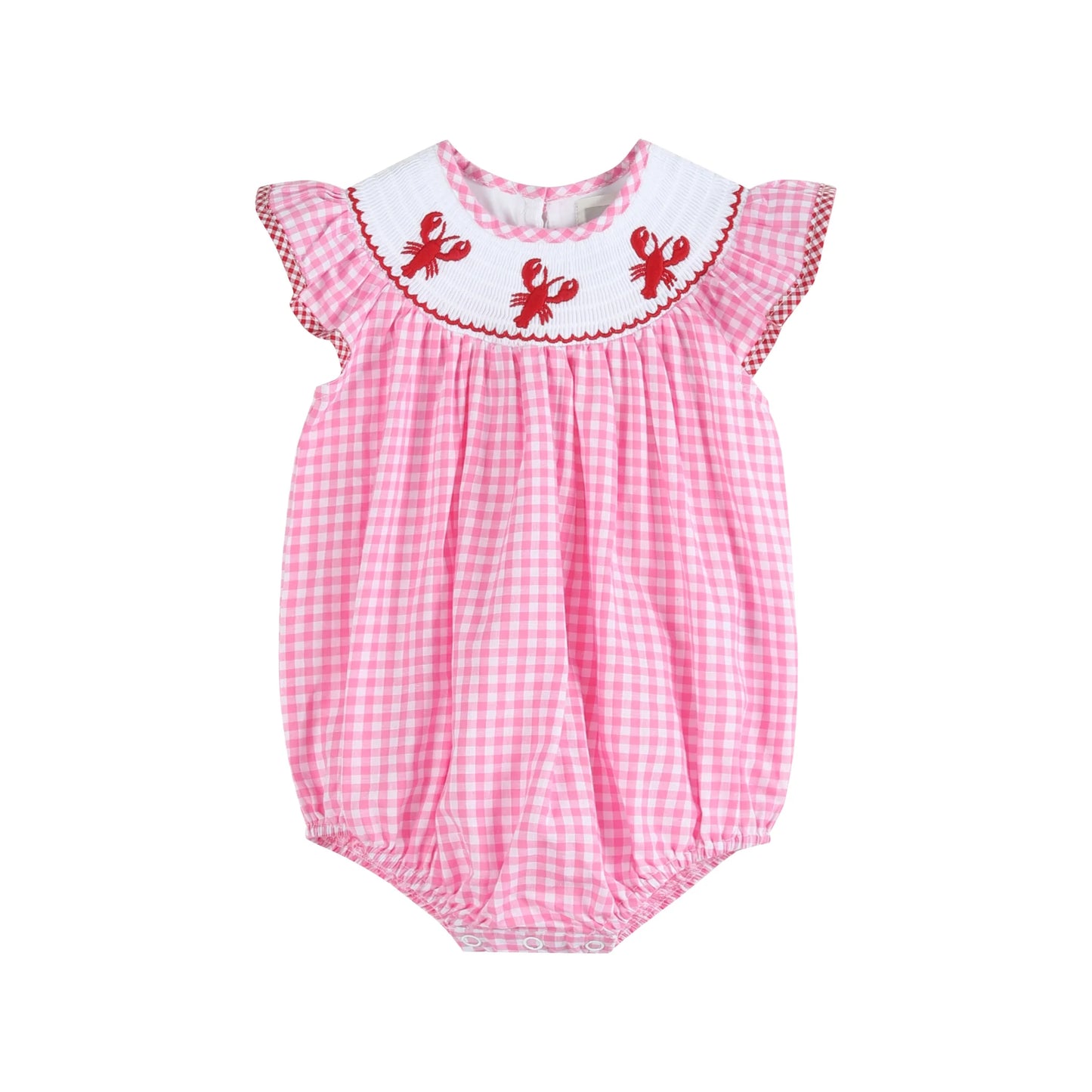 Pink Gingham Crawfish Smocked Flutter Romper