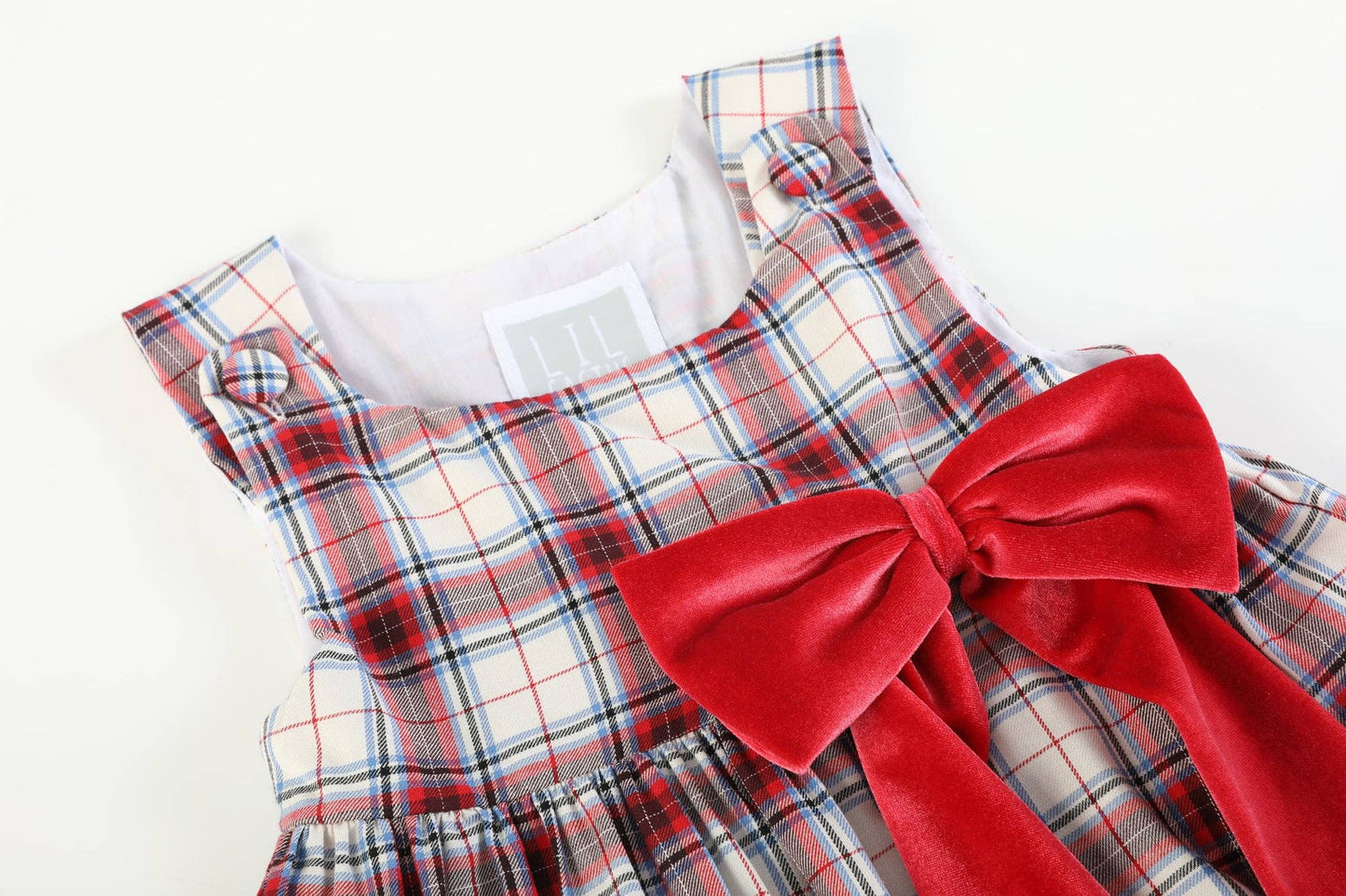 White and Red Plaid Reindeer Big Bow and Button Dress