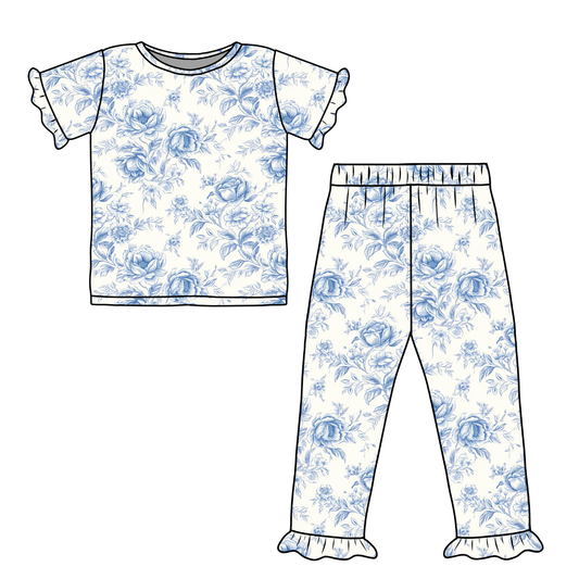 Blue Toile Floral | Ruffle Pajama Set | Bamboo