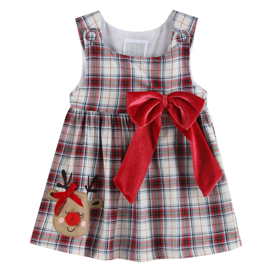 White and Red Plaid Reindeer Big Bow and Button Dress