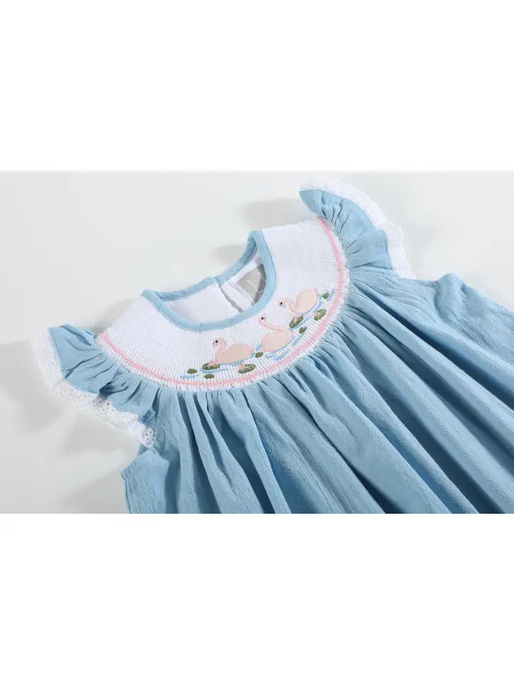 Light Blue Swan Smocked Bishop Dress