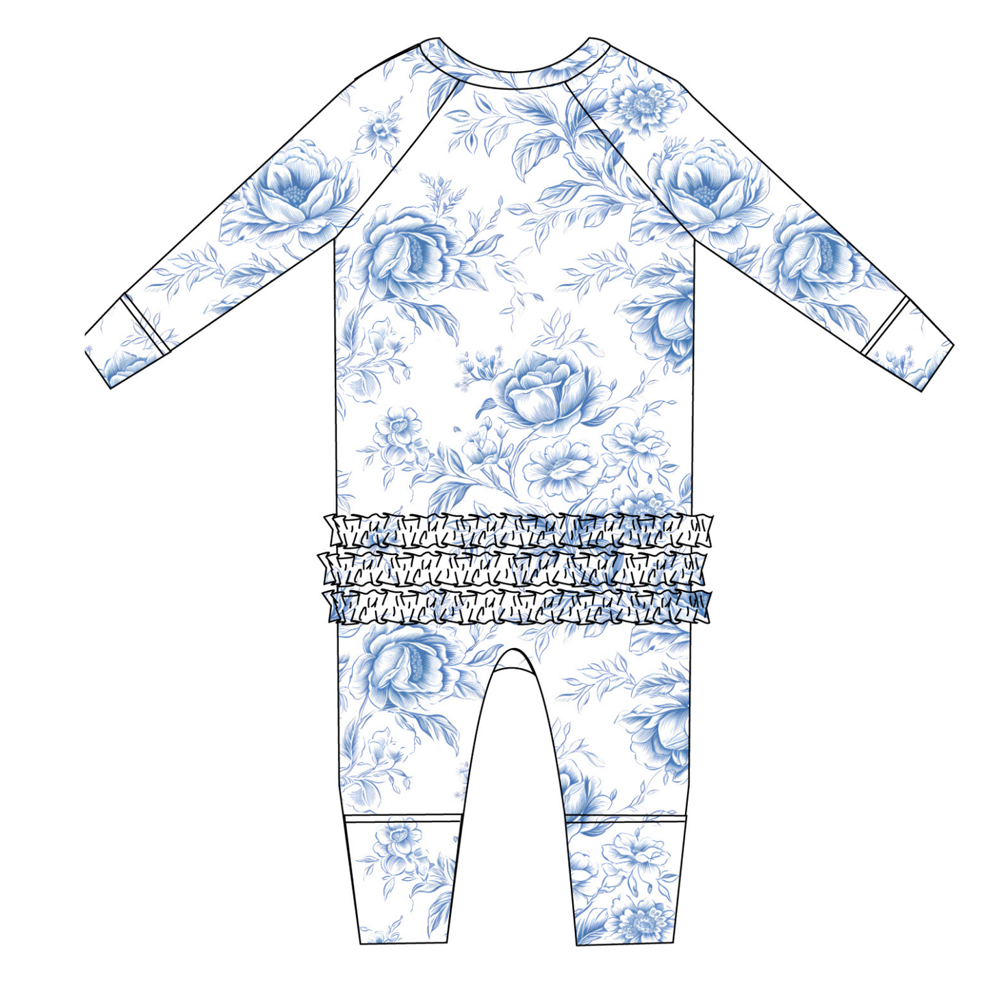 Blue Toile Floral | Ruffle Convertible Romper | Bamboo