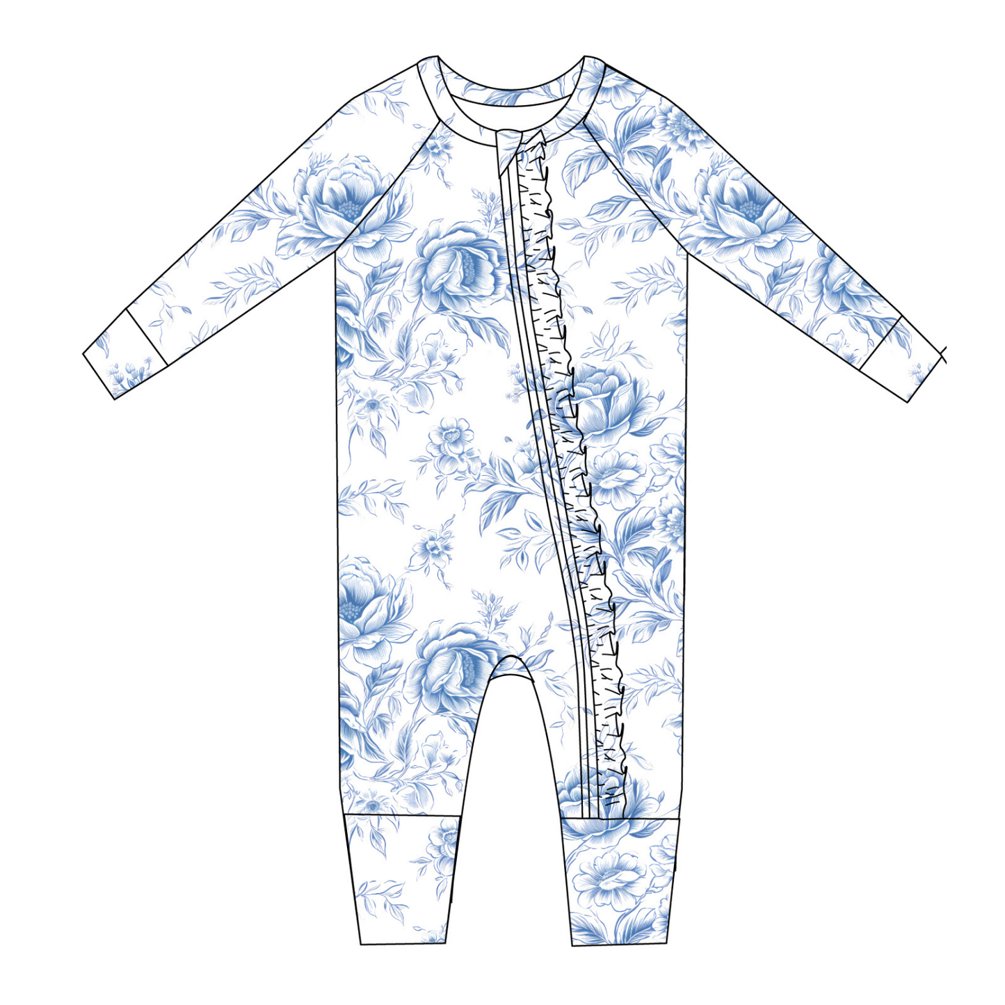 Blue Toile Floral | Ruffle Convertible Romper | Bamboo