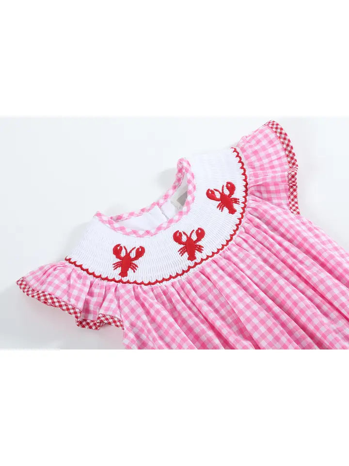 Pink Gingham Crawfish Smocked Flutter Romper